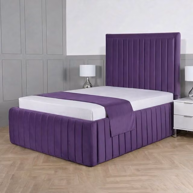 Living Comfort Bedz Saint Germain Plush Upholstered Double Bed with Slatted Base and 48 Inch Headboard in Purple