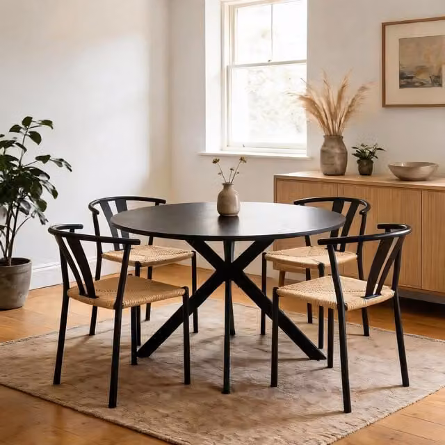 Home Source Eira Round Dining Table and 4 Chairs Set in Black and Brown