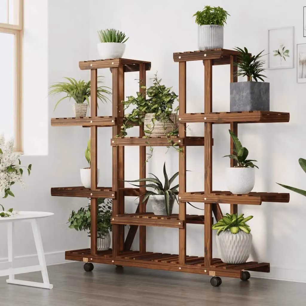 Berkfield Home Retro Flower Stand with Wheels in Brown Solid Wood, W/D/H: 110 x 25 x 115 cm – 3
