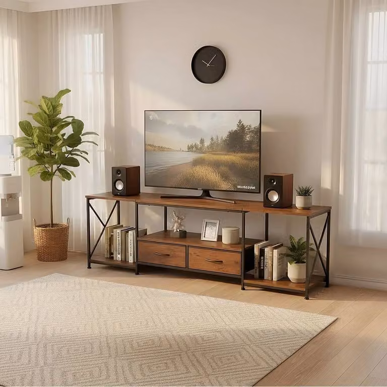 FORGEVIO Industrial TV Stand Cabinet in Brown with 2 Drawers, W: 160 cm, D: 40 cm, H: 53 cm
