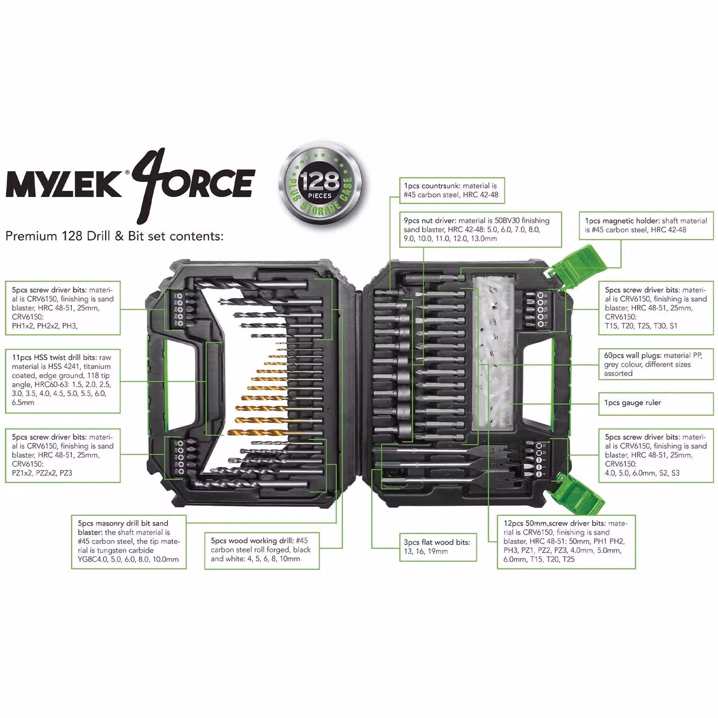 MYLEK 2 Speed Cordless Drill BMC in Green with Carry Case and 128 Piece Accessory Kit – 4