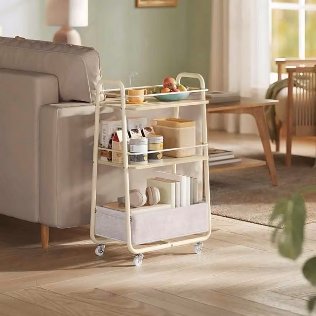 The Bazaarist 3 Tier Rolling Storage Trolley with Fabric Baskets in Beige, White and Brown