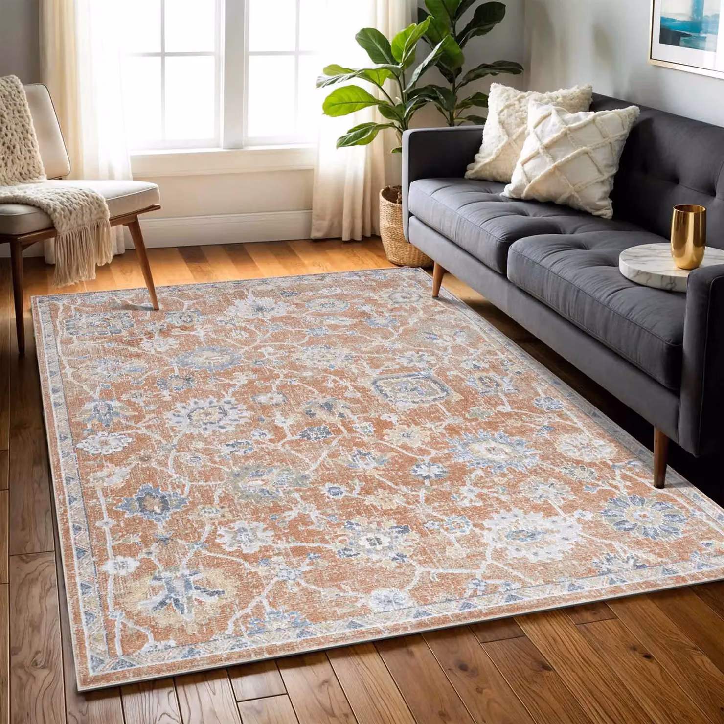 Livabliss Lilian Washable Vintage Boho Traditional Living and Dining Room Rug in Brown, Blue and Burnt Orange, W: 160 cm, D: 215 cm – 5