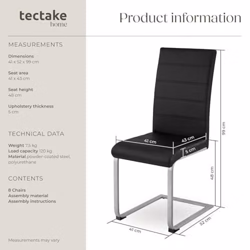 tectake Bettina Set of 8 Modern Dining Chairs with Synthetic Leather Covers and Metal Cantilever Base, Black – 3