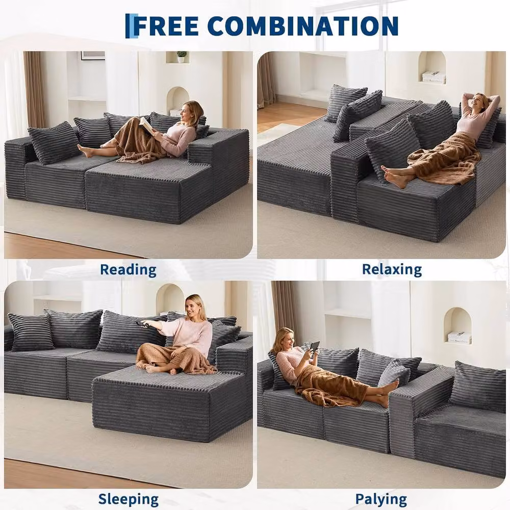 London Boutique L-Shaped Corduroy Sectional Modular Sofa in Dark Grey – 8