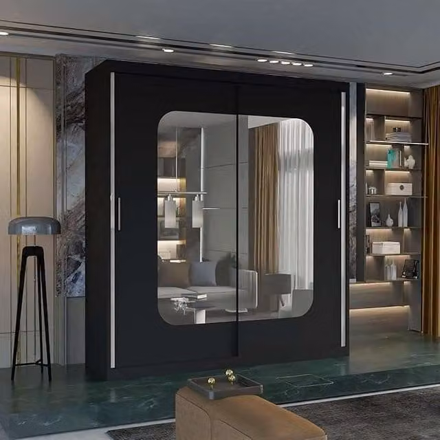 Sliding Wardrobes 4U Double Sliding Wardrobe with Integrated LED Lighting in Black, W: 150 cm, H: 217 cm, D: 62 cm