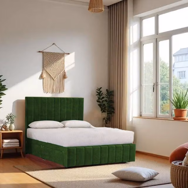 Knight Sleep Paris Single Bed and Hybrid Mattress with 2 Drawers and Upholstered Velvet Headboard in Emerald Green, W/D/H: 90 x 200 x 35.5 cm