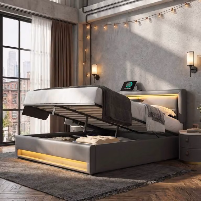 ModernLuxe Upholstered Super King Bed in Grey with Hydraulic Storage, LED Lighting and USB Charging Ports, W/D/H: 180 x 200 cm