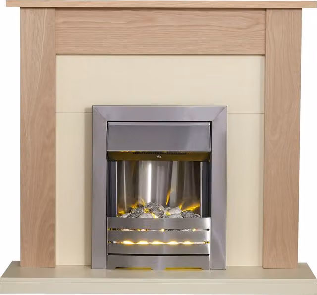 Adam Fires & Fireplaces Southwold Fireplace in Oak and Cream with 43 Inch Helios Electric Fire in Brushed Steel and Grey