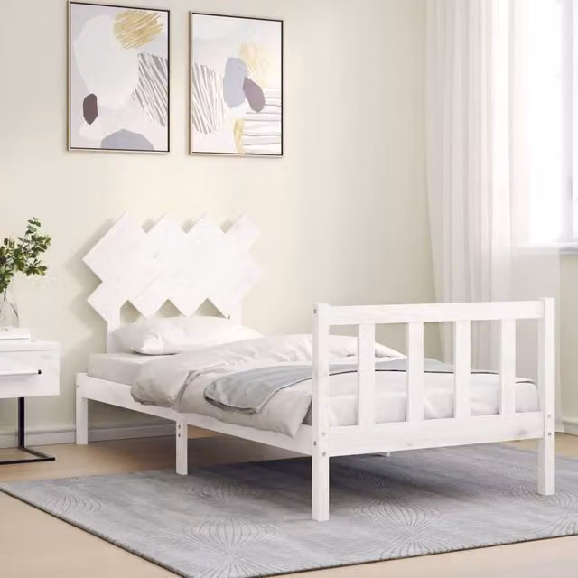 Berkfield Home Beautiful Single Solid Wood Bed Frame with Headboard in White, W/D/H: 90 x 190 cm