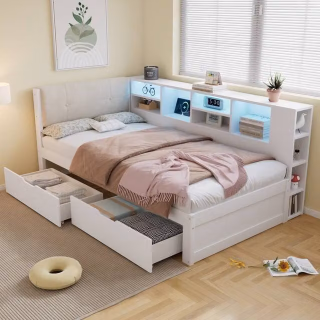 Merax White Single Storage Bed with LED Lighting, USB Charging Ports and Drawers, W/D/H: 90 x 190 x 80.5 cm – 1