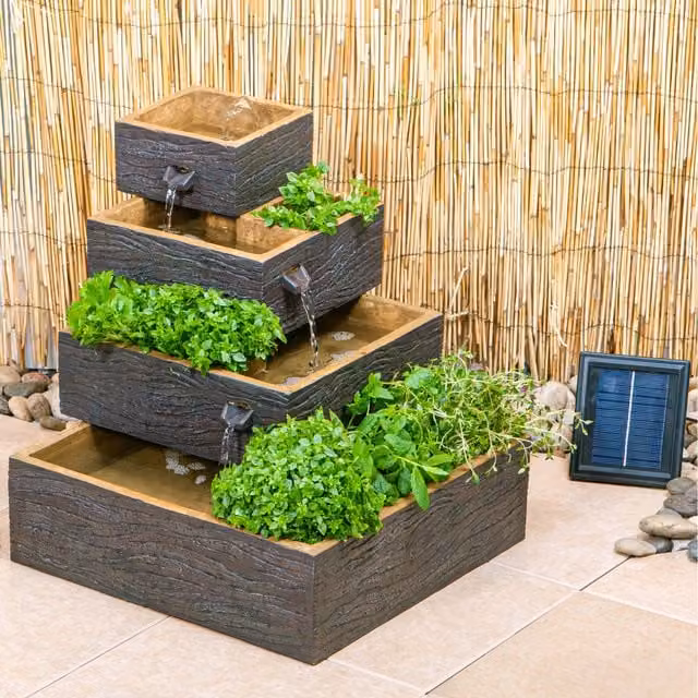 Primrose Dalton 4-Tier Cascading Solar Powered Water Feature and Herb Planter, Brown