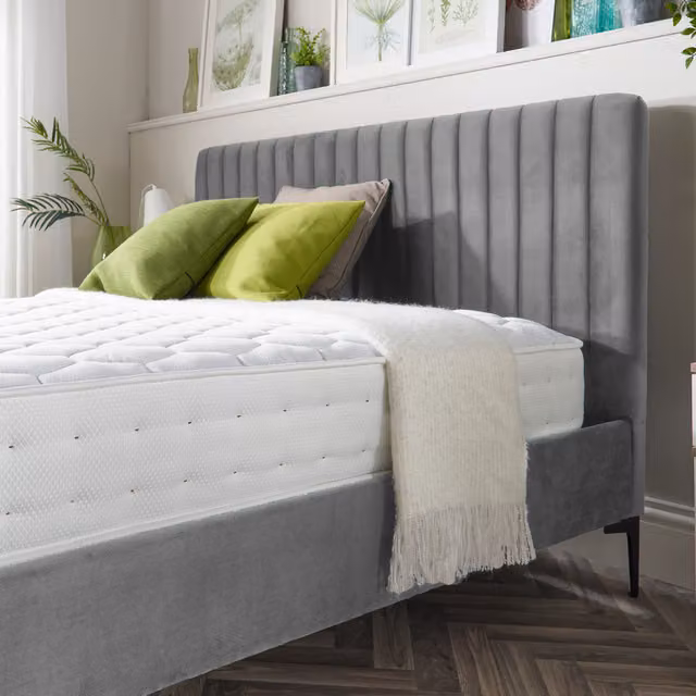 Aspire Grey Velvet Upholstered Double Bed Frame, 140 x 200 cm