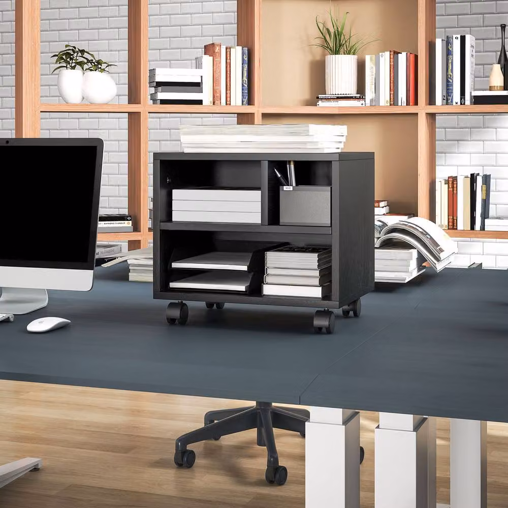 STILVORA Black Matt Printer Stand with 3 Compartments and Castors – 8