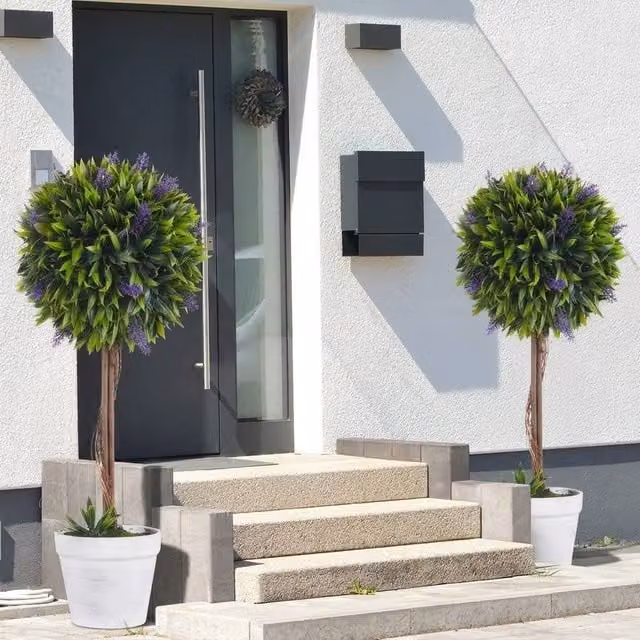 STILVORA Set of 2 Green Artificial Plant Ball Trees in White Pots, Height: 60 cm – 1