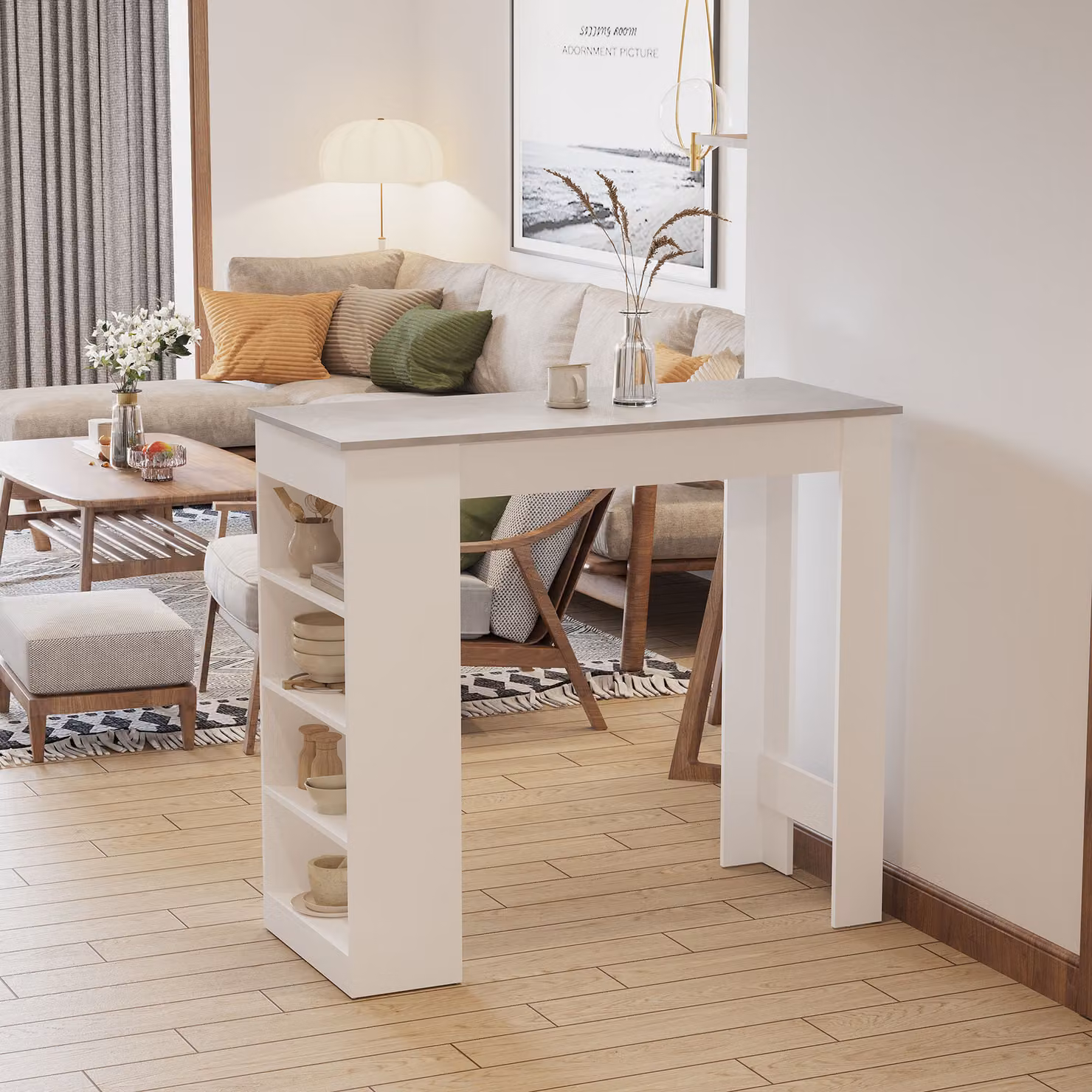 HOMCOM Grey Bar Table with 4-Tier Storage Shelf and Rectangular Top – 2