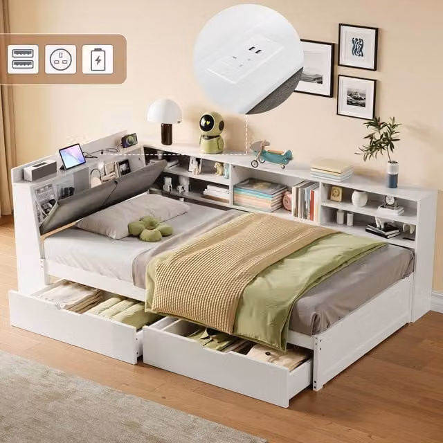 ModernLuxe L-shaped single daybed in white with drawers, bookcase, storage headboard, and USB charging port, W/D/H: 220 x 90 x 112 cm – 1