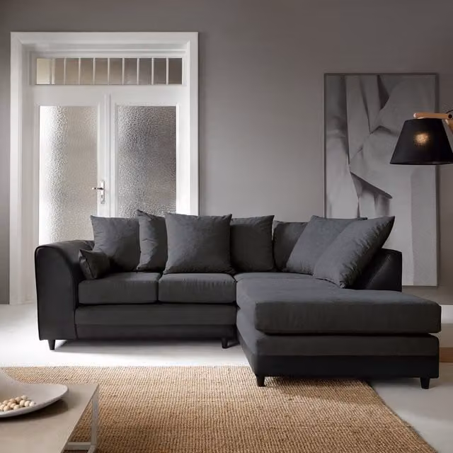 Abakus Direct Dylan L-Shape Corner Sofa in Black and Grey Fabric with Scatter Cushions, Right-Hand Facing