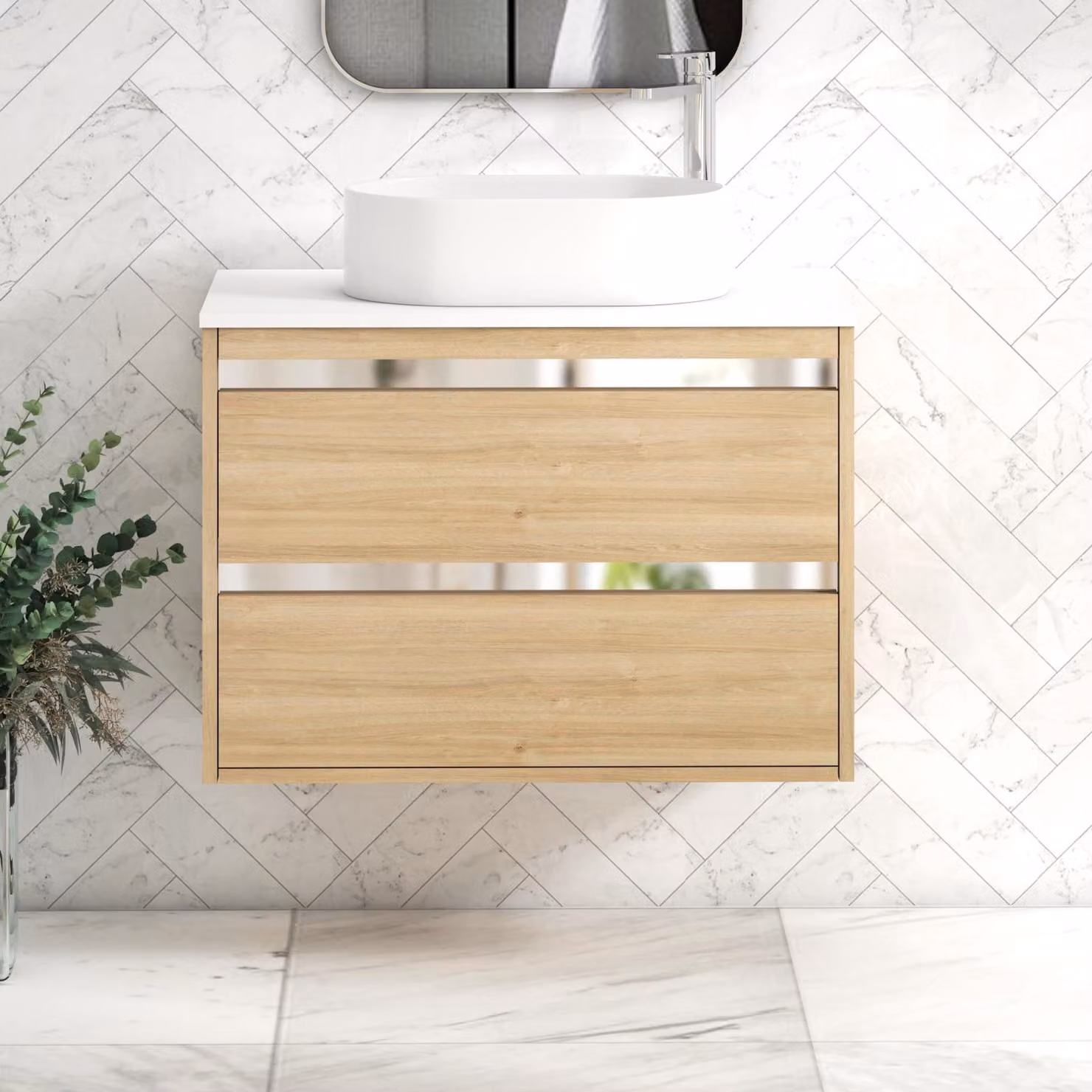 Royal Bathrooms Orion 800mm Natural Oak Wall Hung Vanity Unit with Plain White Countertop, 2 Drawers and Peak Basin with Chrome Accent Trim
