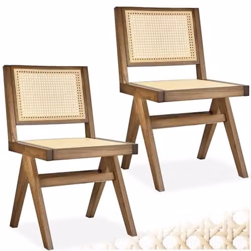 tectake Set of 2 Mid-Century Modern Dining Chairs with Solid Wood Frame and Viennese Wickerwork in Light Brown – 1