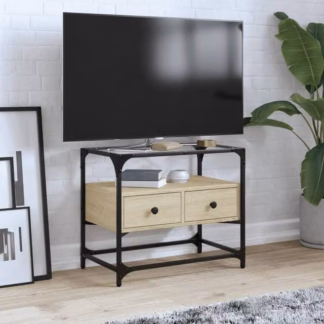 Berkfield Home Industrial TV Cabinet with Glass Top in Sonoma Oak, W/D/H: 60 x 35 x 51 cm