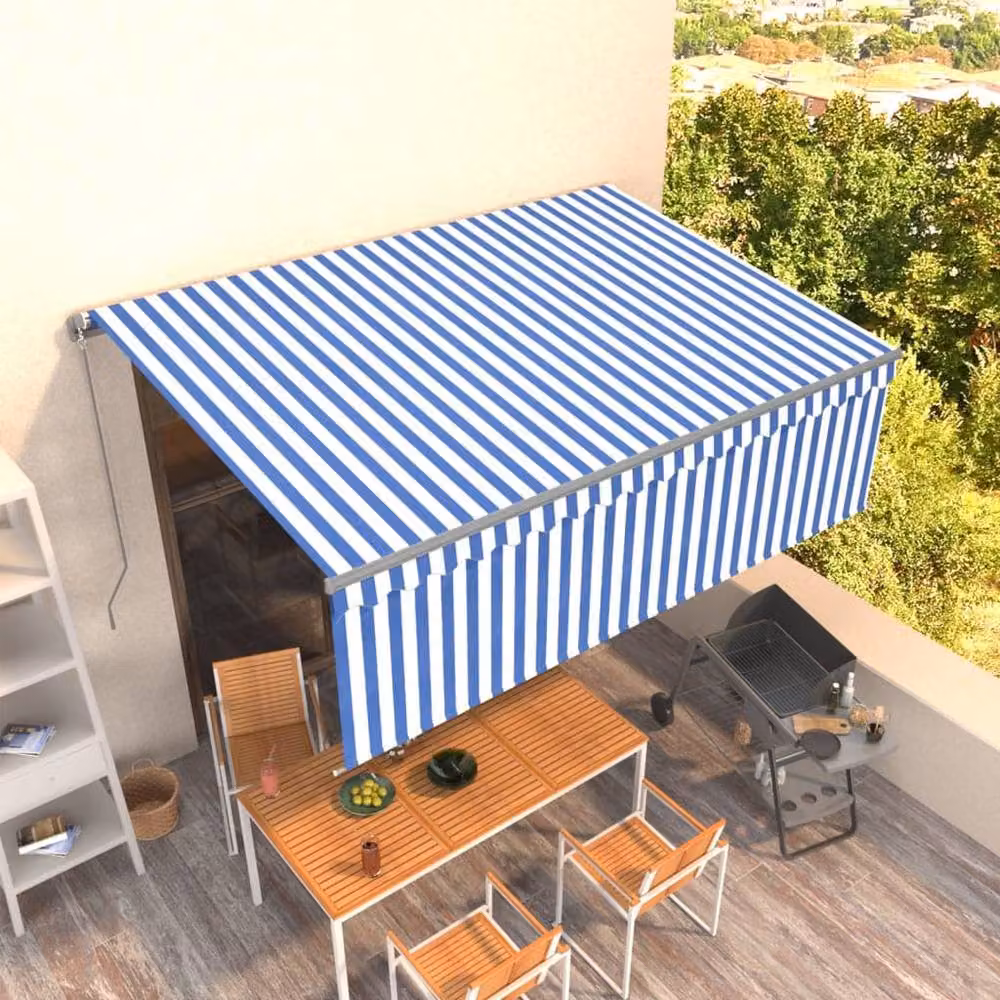 Berkfield Home Manual Retractable Awning with Blind, Blue and White Striped Polyester, W: 400 cm, D: 300 cm – 2