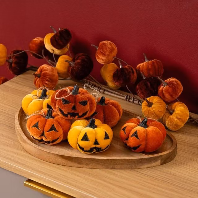Scottish Everlastings Ltd 6pc Hanging Orange Velvet Pumpkins with Faces