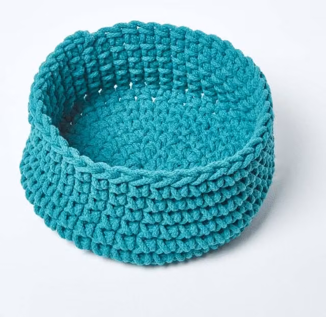 Homescapes Open Weave Cotton Knitted Round Storage Basket in Petrol Green, 29l