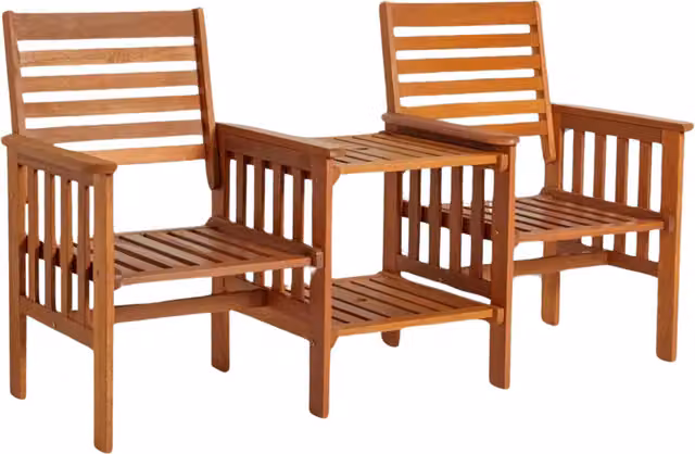 VonHaus Natural Wooden 2 Seater Outdoor Love Seat Bench with 2 Tier Table