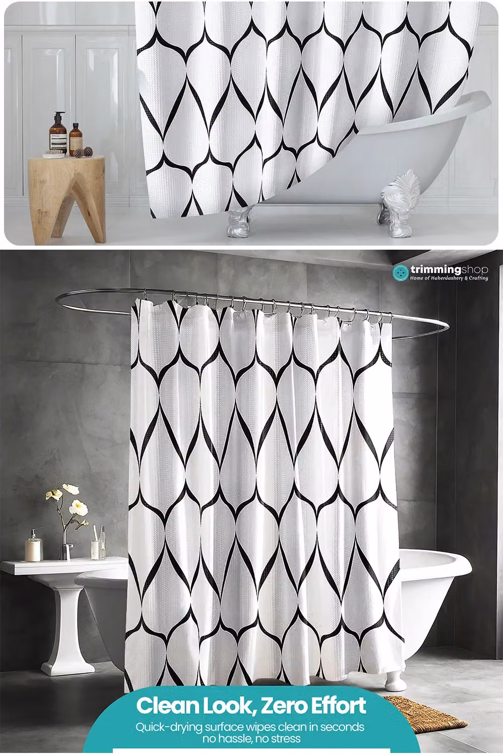 Neel Blue White Lattice Design Waterproof Polyester Bathroom Shower Curtain with Hooks, W: 180 cm, H: 200 cm – 4