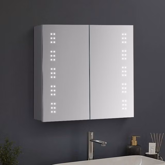 Livingandhome Modern Silver Wall Mounted Bathroom Mirror Cabinet with Dotted LED Lighting, Shaver Socket and Anti-Fog Feature