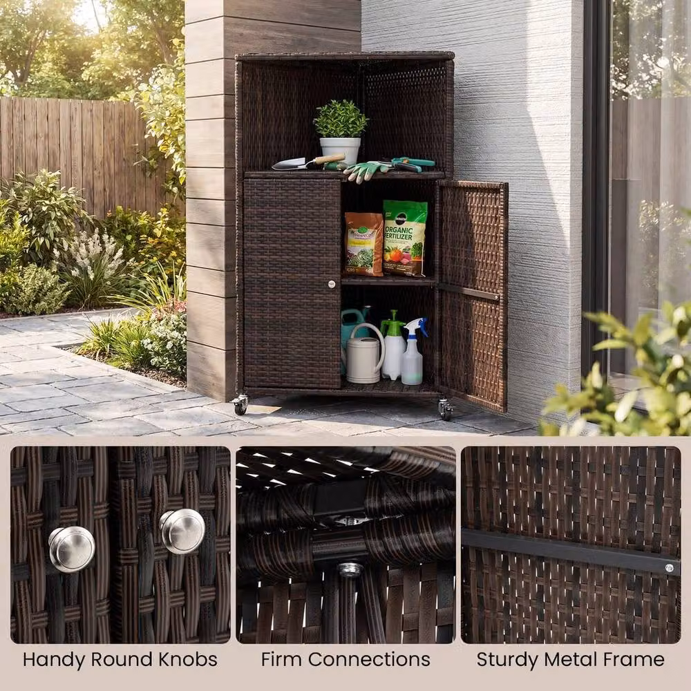 KORVIXA Brown Rattan Outdoor Corner Storage Cabinet with Hinged Doors and Internal Shelves, W/D/H: 100 x 100 x 100 cm – 3