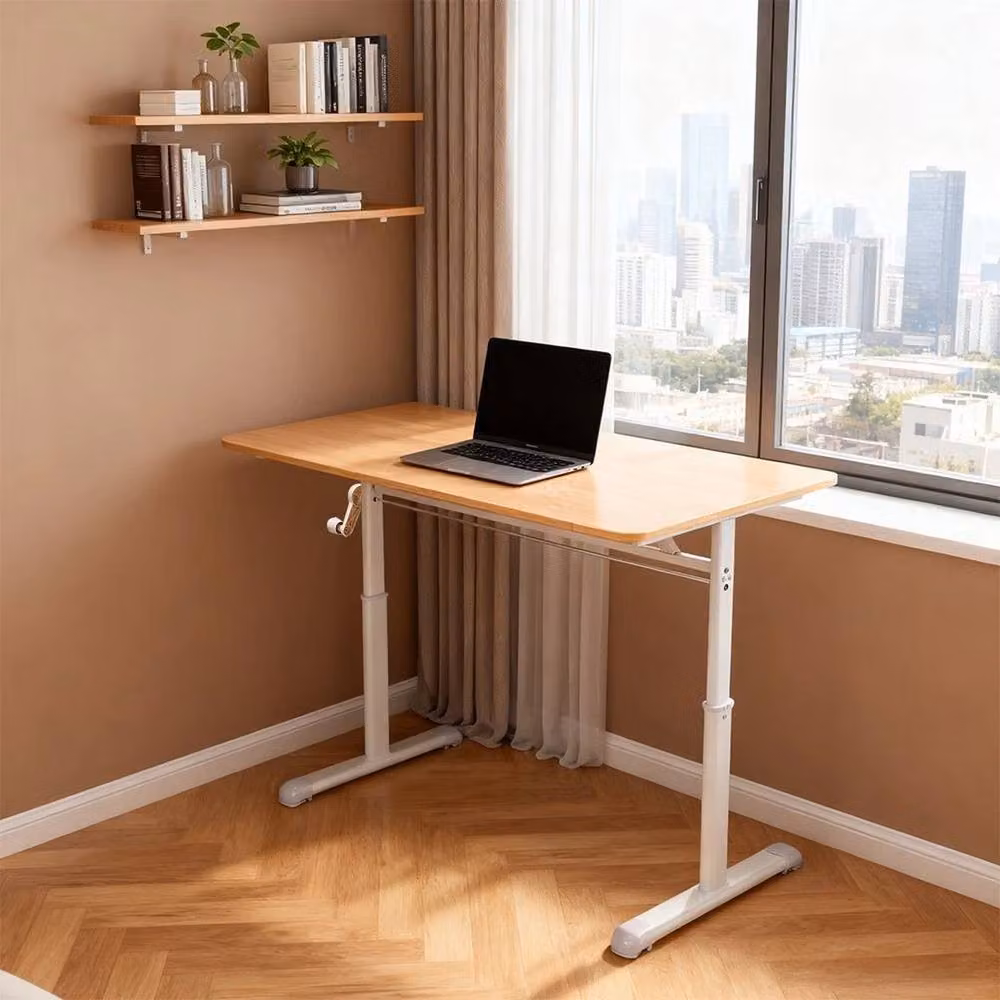 SPETLEK Height Adjustable Desktop Computer Desk with Manual Crank, White and Natural Wood Finish – 2