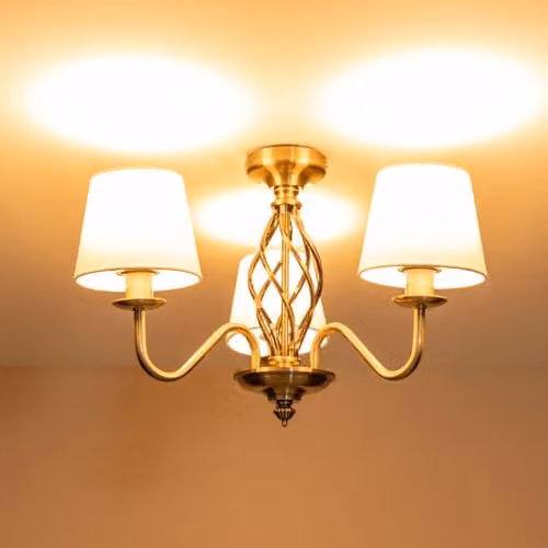 ValueLights Antique Brass 3 Light Ceiling Chandelier with White Fabric Lampshades and Included LED Bulb – 2