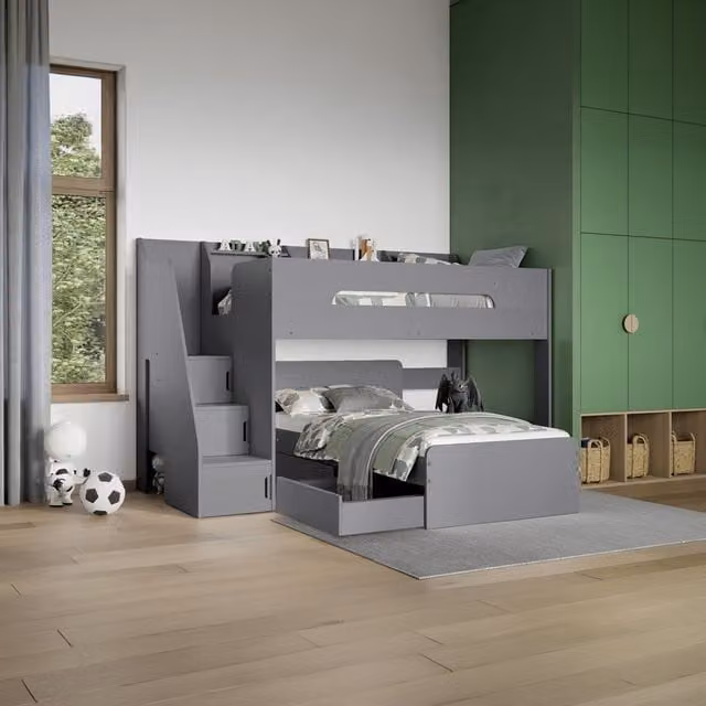 Flair Furnishings Stepaside L Shaped Bunk Bed in Grey with Stairs and Side Compartments
