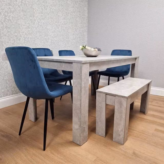 Kosy Koala Modern Stone Grey Effect Dining Set with Bench and 4 Blue Velvet Chairs