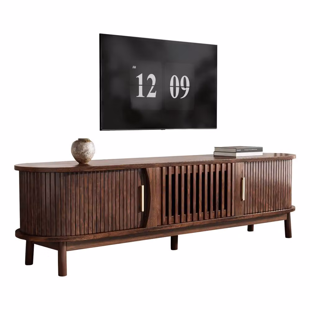 Rolipo Oval Dark Wood Slatted TV Stand for 65 Inch TVs with Storage in Dark Brown – 6