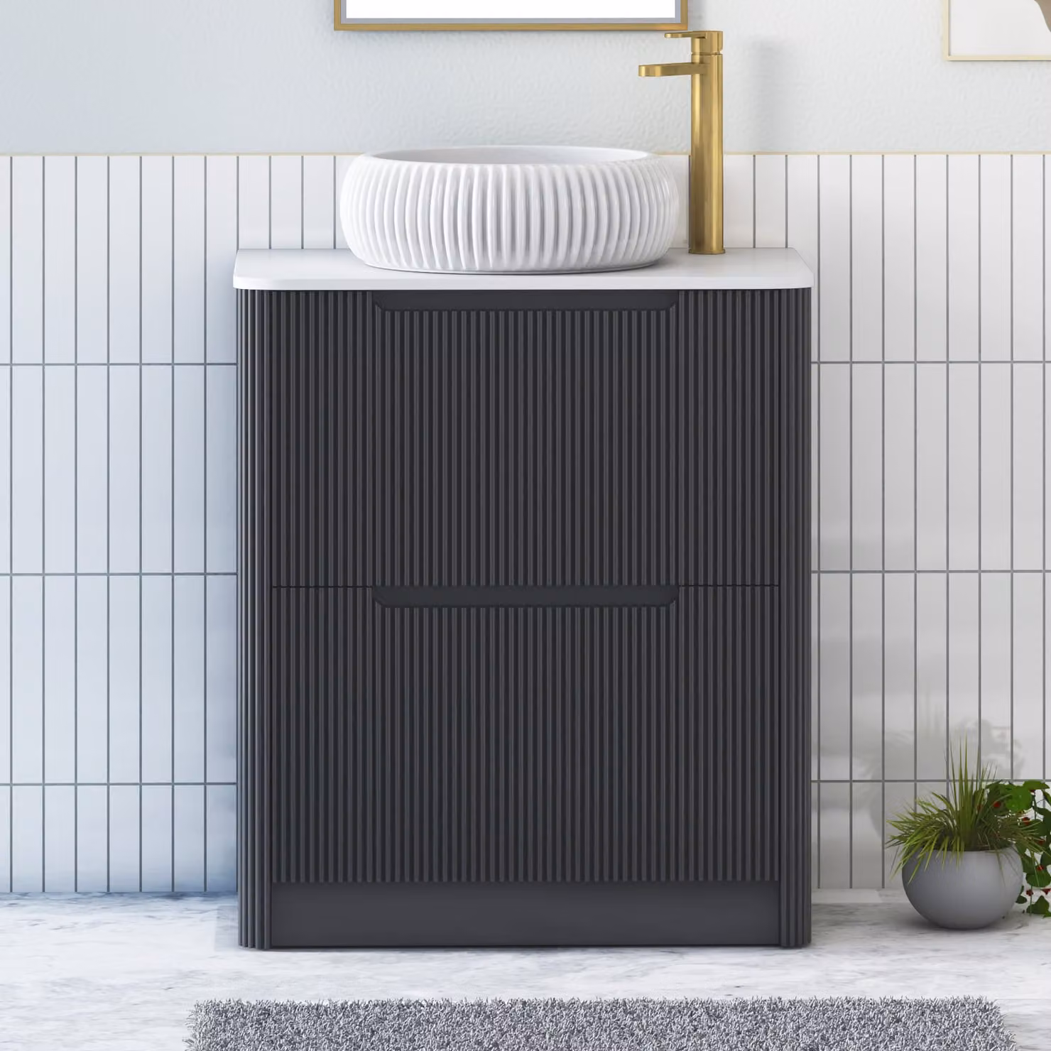 Royal Bathrooms Avenza 600mm Matt Obsidian Black Floor Standing 2 Drawer Vanity Unit with Plain White Worktop and Milan Basin