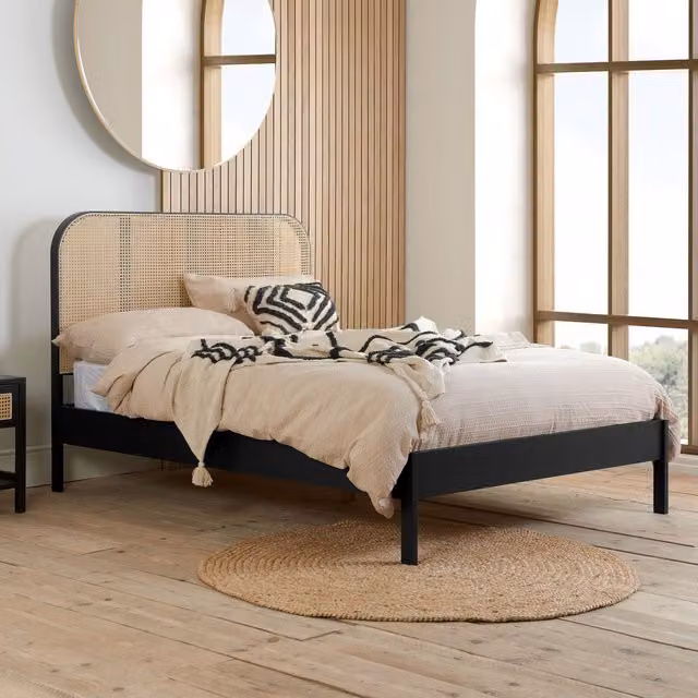 Birlea Margot Rattan and Solid Wood Bed Frame in Black, Double (140 x 200 cm)