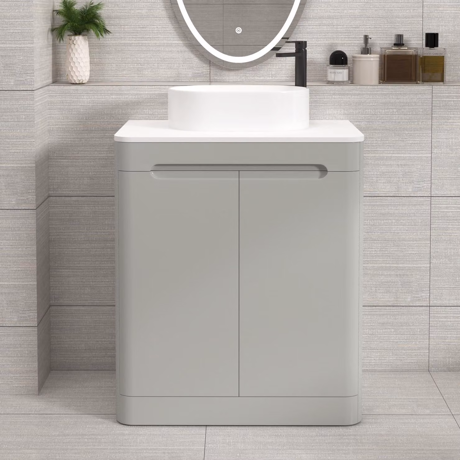 Royal Bathrooms Venice 700mm Floor Standing 2 Door Vanity Unit in Dove Grey with Plain White Worktop and Peak Basin