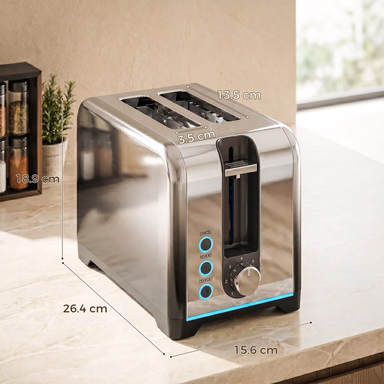 HOMCOM 2 Slice Stainless Steel Toaster in Silver with 7 Browning Levels, Reheat, Defrost and Cancel Functions – 3