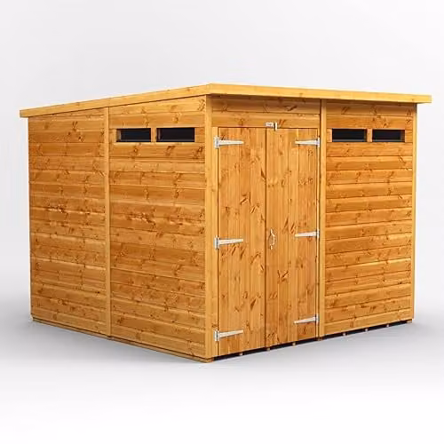 Powersheds Premium Pent Security Wooden Shed in Brown with 12mm Extra Thick Timber, Double Doors and Toughened Glass Windows, W/D/H: 260.4 x 240.4 x 180.4 cm – 1