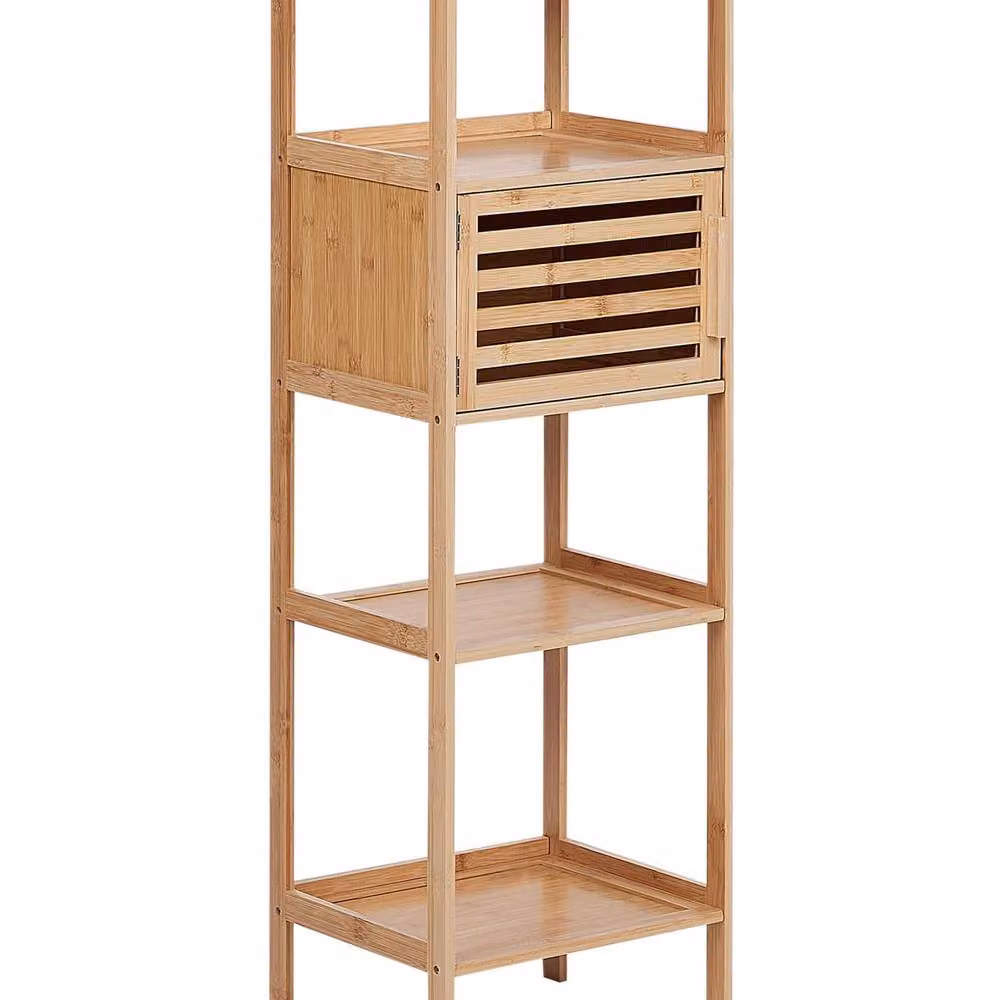 Wyld and Coco Bamboo Bathroom Shelf Unit with 4 Shelves and 1 Door, Light Brown, H 114 x W 36 x D 30 cm – 2