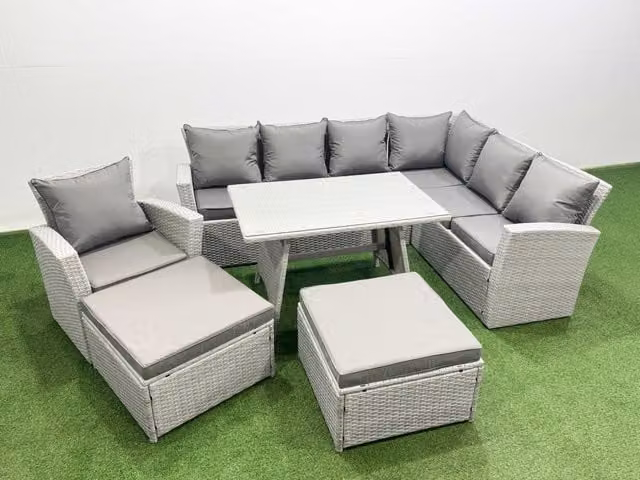 Fimous 9 Seater Rattan Garden Furniture Set with Corner Sofa in Light Grey