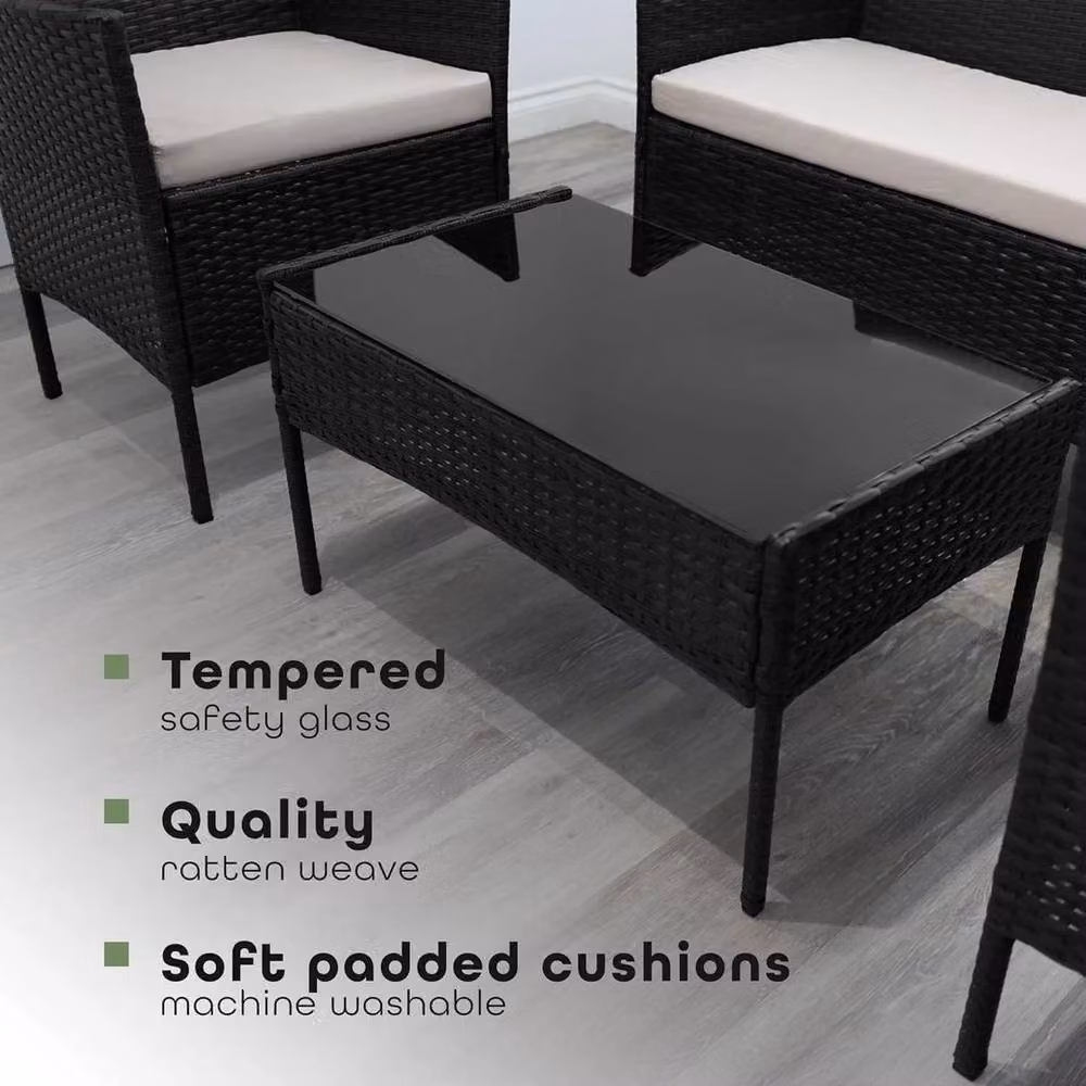 SPETLEK 4-Piece Black Polyrattan Garden Furniture Set with Upholstered Cushions – 4