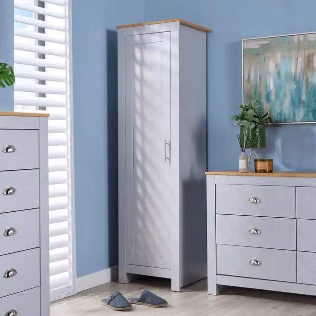 SPETLEK Single Door Wardrobe with Hanging Rail in Grey Wood Finish