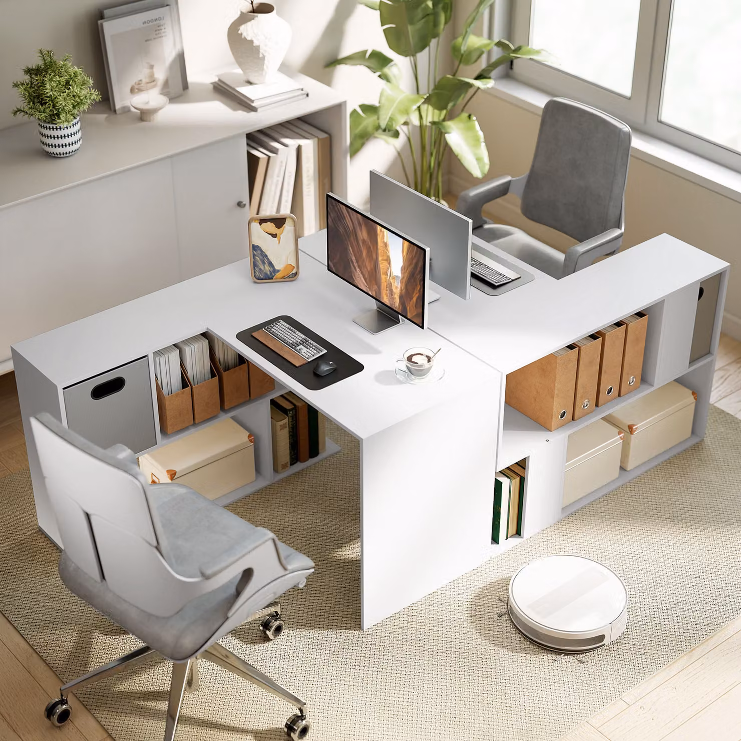 HOMCOM L Shaped Reversible Corner Computer Desk with Fabric Drawer and Storage Shelves, White – 5