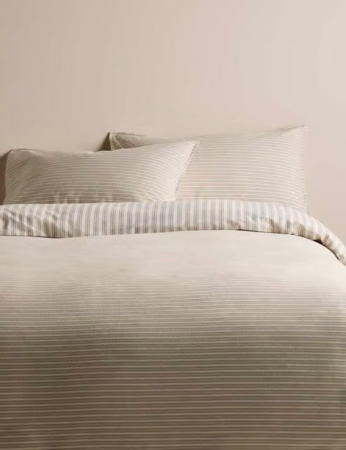M&S Classic Striped Brushed Cotton Flannelette Bedding Set, Beige, 200 x 200 cm