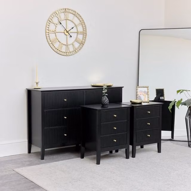 Melody Maison Hales Black Range Large Chest of Drawers and Pair of Bedside Tables in Matt Black