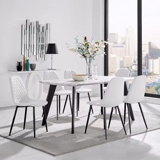 FurnitureboxUK Andria White Marble Effect Rectangular Dining Table and 6 Corona Black Leg Chairs Set